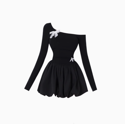 Sweet and spicy off-shoulder long-sleeved dress 2025 waist bow puffy bud skirt R1021