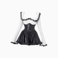 Pure desire style lace splicing contrast color top 2025 halter neck strap leather skirt suit R1236