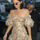 Champagne floral one-shoulder waist-hugging sexy homecoming dress R2627