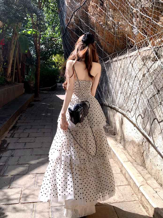French style waist beautiful small skirt V-neck halter neck cake long skirt holiday polka dot dress R1751