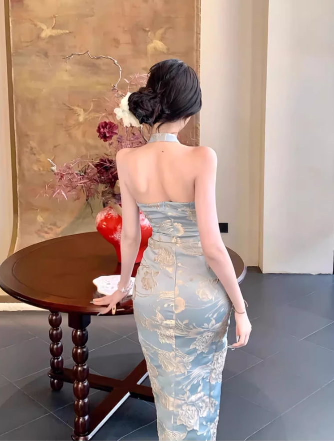 Retro sleeveless hollow dress 2025 waist-hugging hip-wrapped slit cheongsam skirt R1353