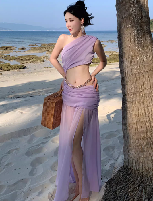 Photo skirt waist-baring one-shoulder dress design seaside atmosphere holiday beach skirt R1592