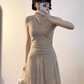Temperament striped sleeveless dress with a flared collar, slim waist and beautiful long skirt R0719