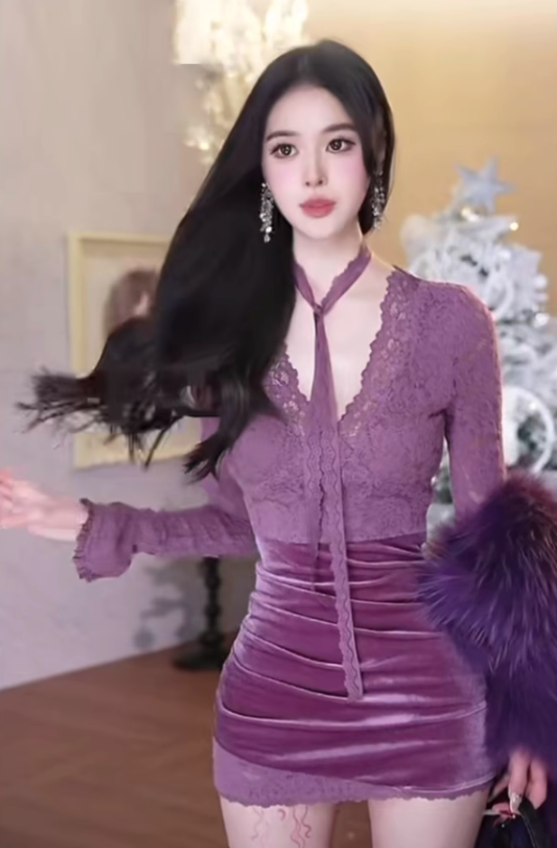 Pure desire hot girl V-neck dress 2025 waist slimming hip skirt R1044