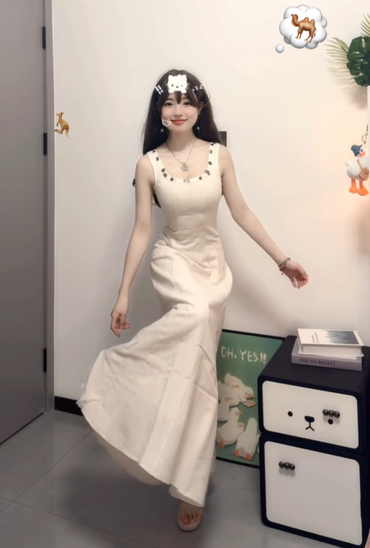 White sleeveless vest dress gentle style waist slim hip skirt R0589