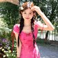 Rose Red Embroidered Square Neck Puff Sleeve Waist Suspender Dress Summer French Style Dress R4657