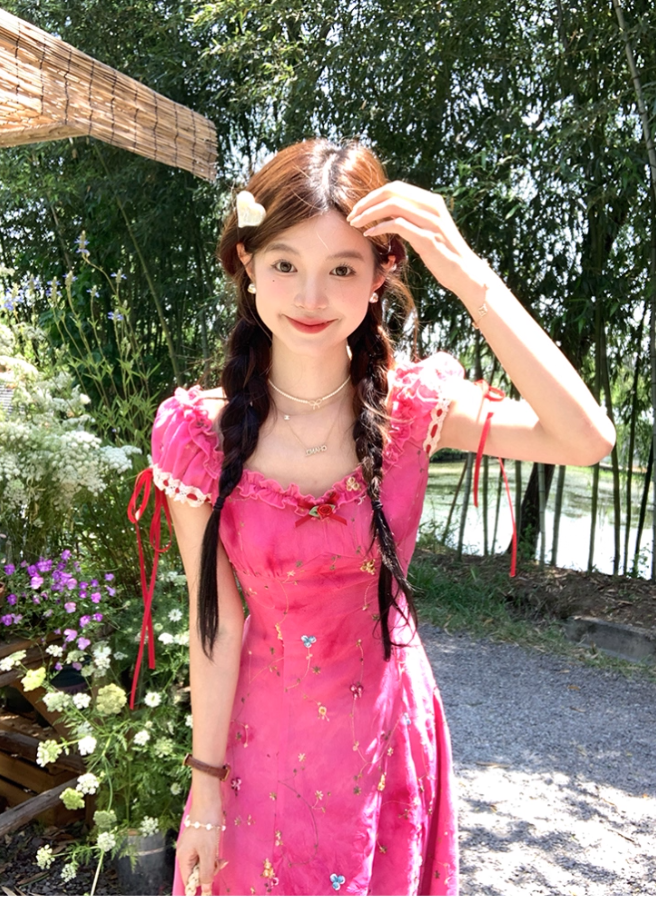 Rose Red Embroidered Square Neck Puff Sleeve Waist Suspender Dress Summer French Style Dress R4657