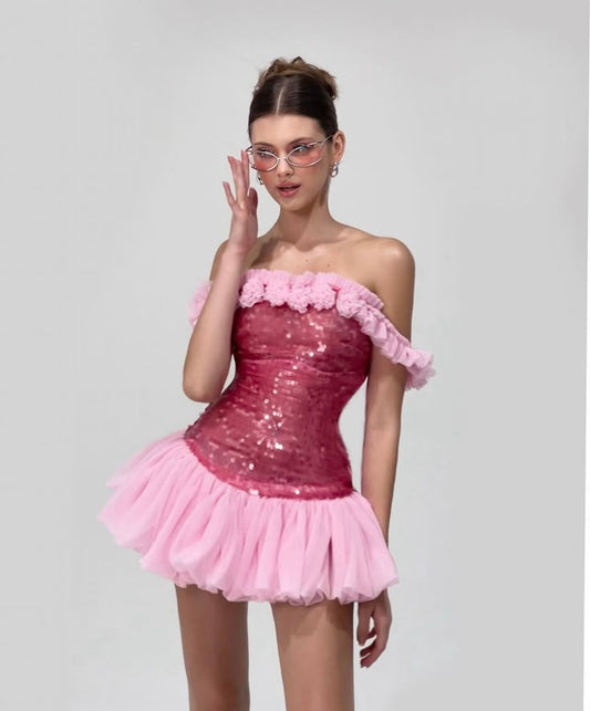 Pink one-shoulder waisted tutu skirt homecoming dress R2957