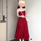 French retro red three-dimensional flower sling dress seaside holiday waist temperament long skirt R0428