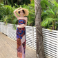 Holiday style retro print tube top vest irregular hip skirt two-piece set R0894