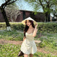 Light yellow suspender pleated flower A-line homecoming dress R2506