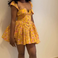 Yellow retro floral suspenders low-cut sexy waist puffy skirt homecoming dress R3757