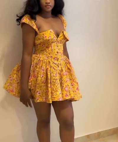 Yellow retro floral suspenders low-cut sexy waist puffy skirt homecoming dress R3757