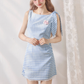 Blue and White Checkerboard Pleated Fitted Dress R5247
