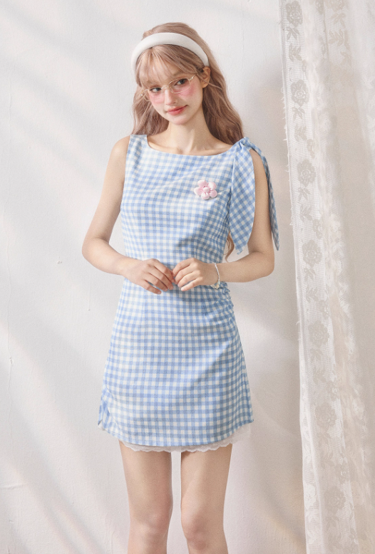 Blue and White Checkerboard Pleated Fitted Dress R5247