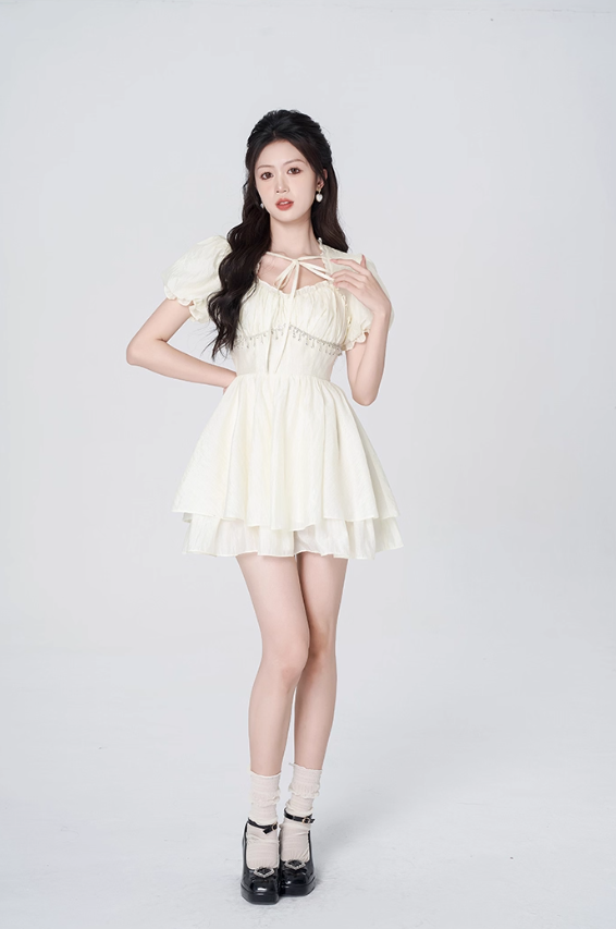 Gentle style cream yellow dress women's summer new style skirt high-end puffy short skirt R4456