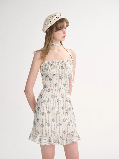 French halter neck suspender skirt ruffled floral skirt holiday style dress R2752