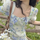 French fresh pastoral style temperament slim print fairy atmosphere floral ruffle dress R1430