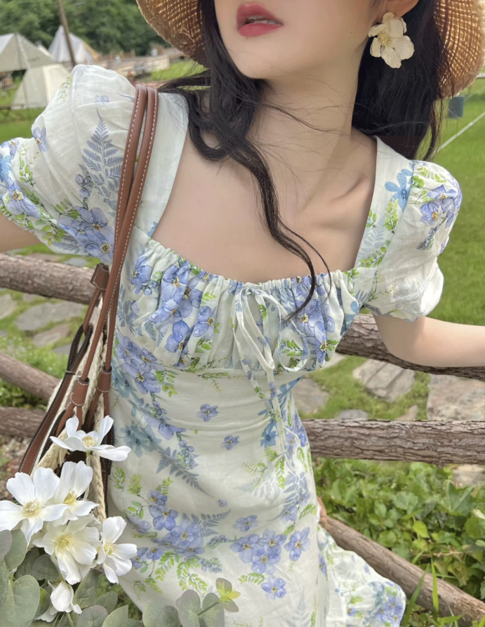 French fresh pastoral style temperament slim print fairy atmosphere floral ruffle dress R1430