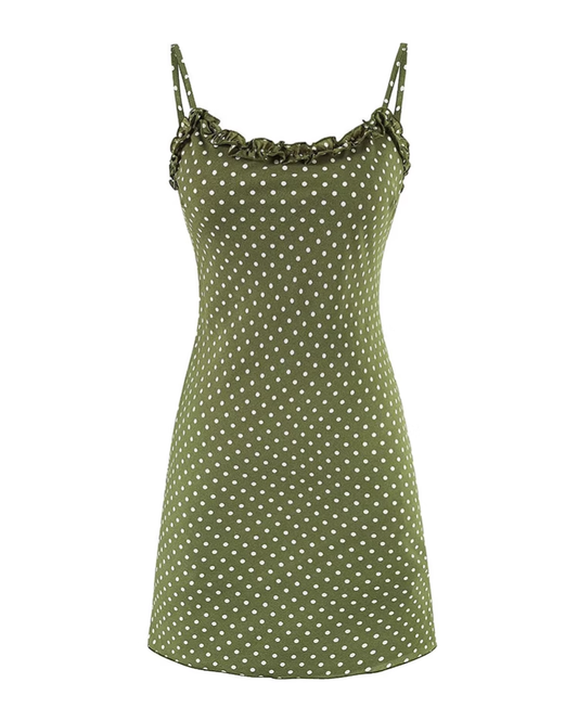 French green polka dot suspender dress 2025 new short skirt R2584