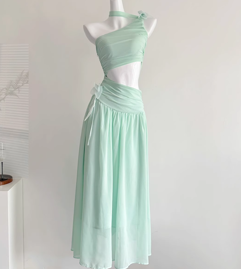 Off-shoulder sheer mesh waist dress R1992