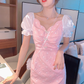 Mesh V-neck petite French first love sweet pink dress for women R4176