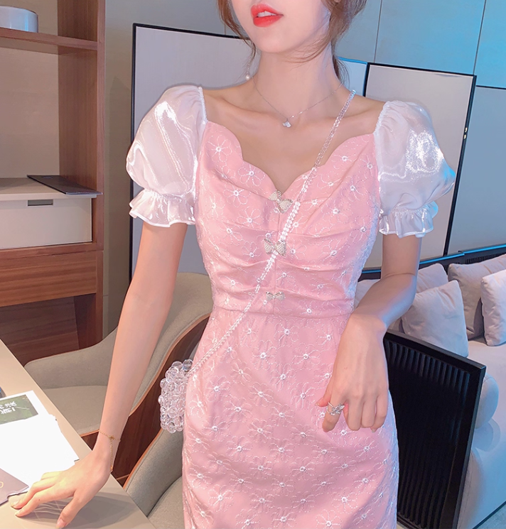 Mesh V-neck petite French first love sweet pink dress for women R4176