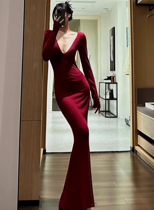 Large size French pure sexy V-neck dress charming hip-wrapped evening dress R1866