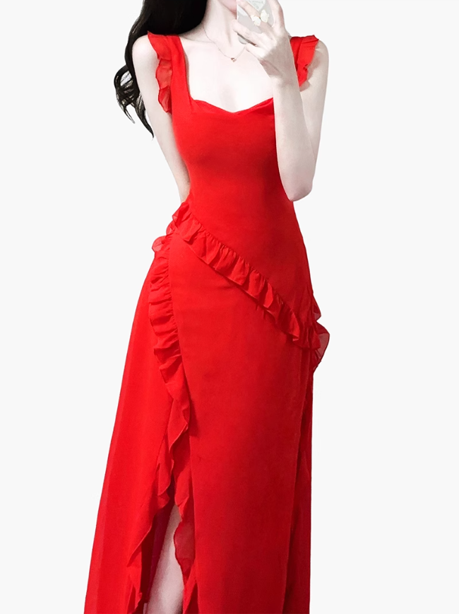 2025 summer new red irregular sexy ruffled seaside holiday dress R0980