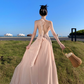 Ruffled V-neck halter dress beautiful waist A-line long skirt R0566