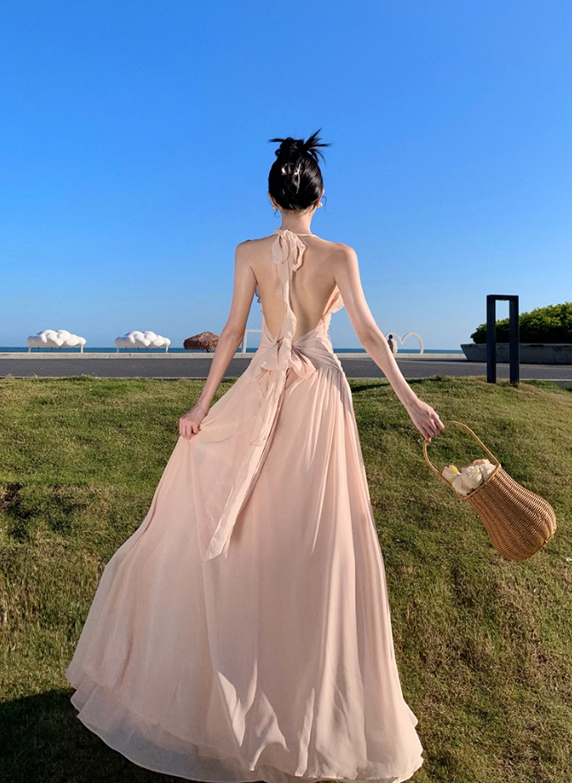 Ruffled V-neck halter dress beautiful waist A-line long skirt R0566