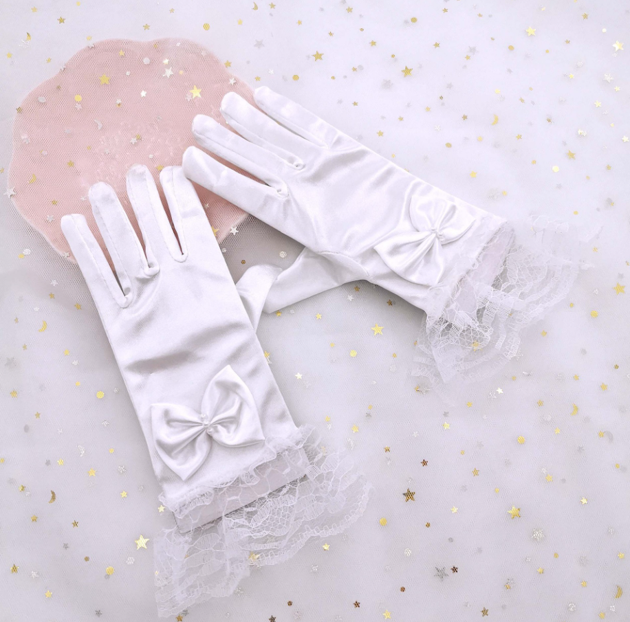 Girls Gloves Lace Bow Satin Elastic Children Flower Girl Dress Performance Dance Etiquette     S6246