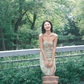 Dress French style retro green floral slim backless slit long suspender dress R2931
