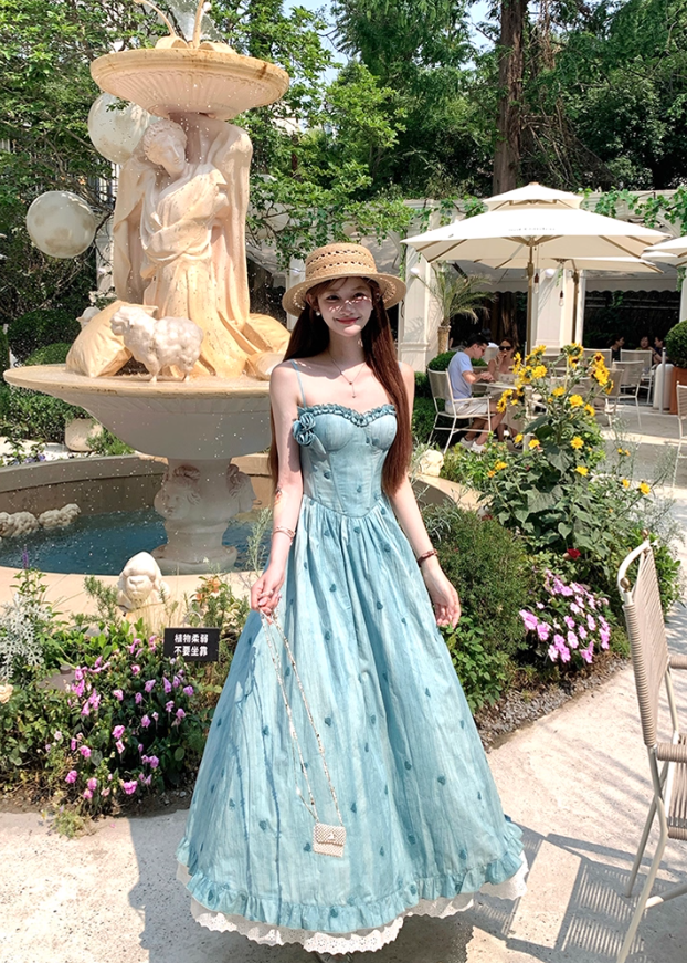 Blue long waist A-line suspender dress women's summer French temperament skirt R4870