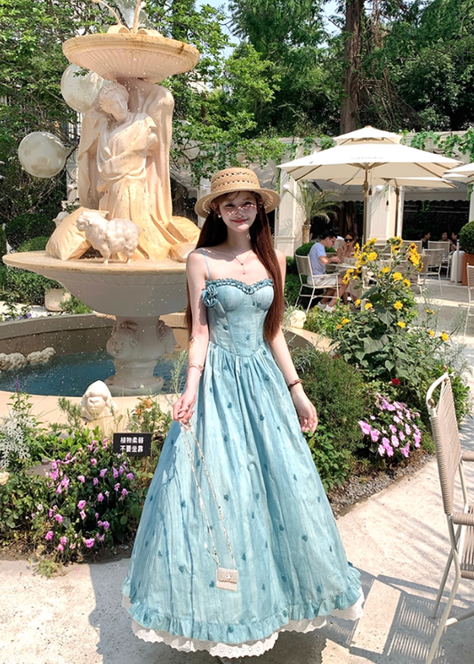 Blue long waist A-line suspender dress women's summer French temperament skirt R4870