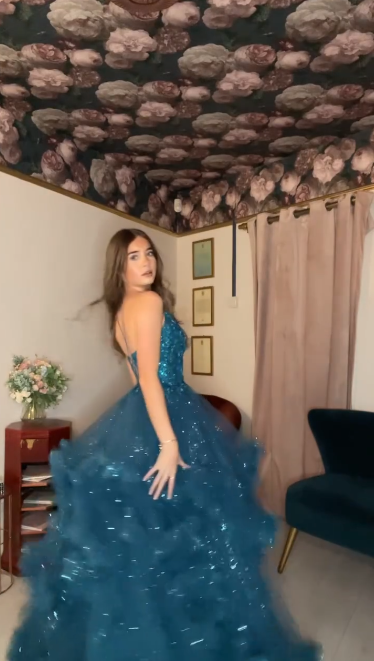 Glitter Tulle Ruffled Women's Prom Gown Peacock Blue Waist Fitted Maxi Evening Dress Birthday Dress — Fall Outfit 2026 New  RS3267