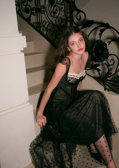 Flowy Tulle Women's Prom Gown Black Polka Dots Corset Maxi Evening Dress Birthday Dress — Fall Outfit 2026 New RS3193