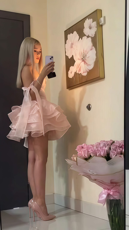 Girlish Frilled Tulle Women's Homecoming Dress Pink Corset Short Prom Gown Party Dress RS2951