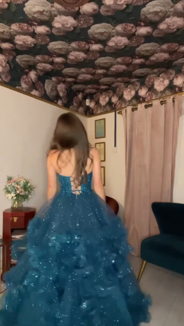 Glitter Tulle Ruffled Women's Prom Gown Peacock Blue Waist Fitted Maxi Evening Dress Birthday Dress — Fall Outfit 2026 New  RS3267