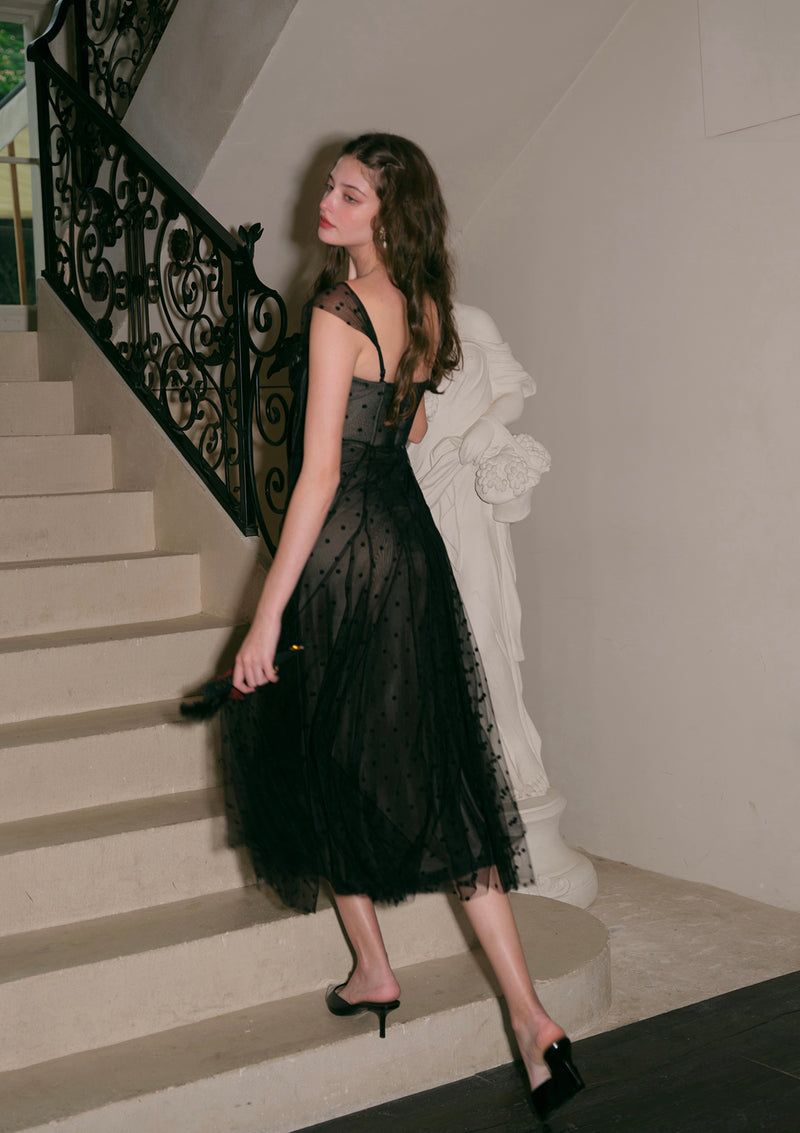 Flowy Tulle Women's Prom Gown Black Polka Dots Corset Maxi Evening Dress Birthday Dress — Fall Outfit 2026 New RS3193