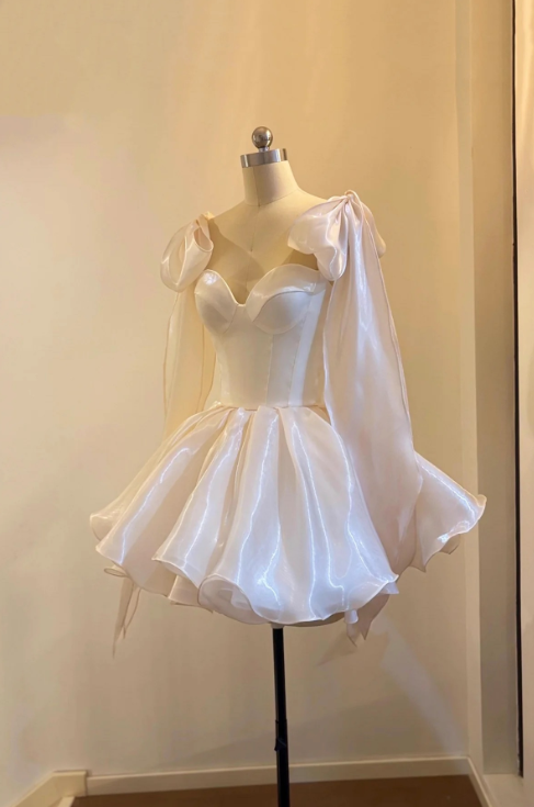 Cute White A-Line Spaghetti Straps with Bow-knot Corset Mini Birthday Dress Homecoming Dress RS425