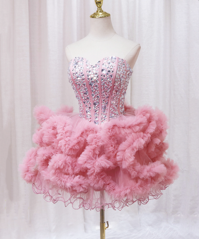 Charming Pink Homecoming Dress , Rhinestones Decor Corset Mini Birthday Dress RS1447