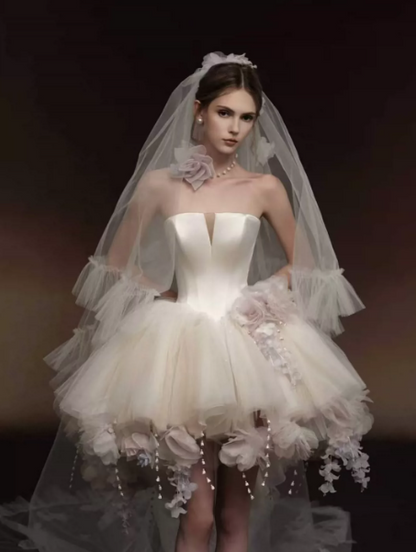 High End White Strapless A-Line Tulle Puffy Corset Floral Decor Mini Wedding Dress RS2213