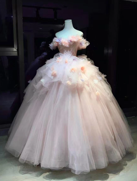 Puffy Tulle 3D Floral Corset Prom Gown , Sweet Women's Maxi Quinceanera Dress Ball Gown RS2217