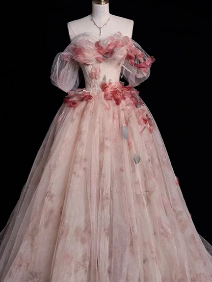 Pink Tulle 3D Floral Corset Prom Gown , Sweet Women's Maxi Quinceanera Dress Ball Gown RS2218