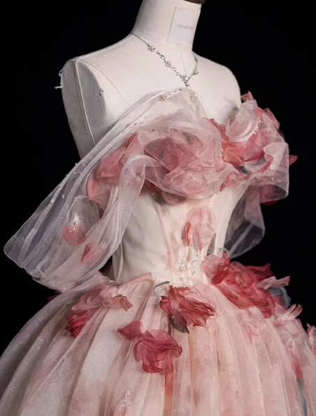 Pink Tulle 3D Floral Corset Prom Gown , Sweet Women's Maxi Quinceanera Dress Ball Gown RS2218