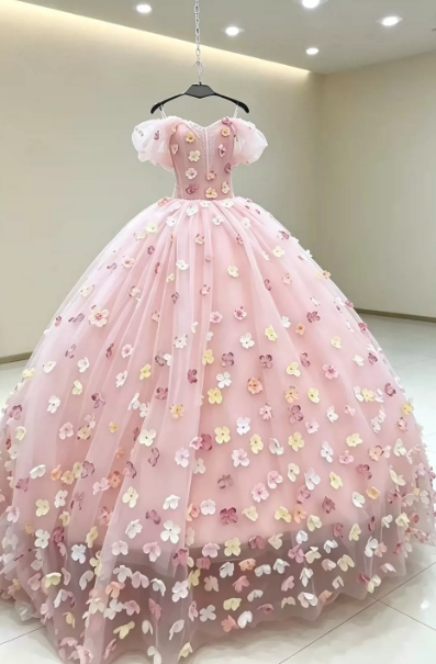 Floral Tulle Puffy Corset Prom Gown , Sweet Women's Maxi Birthday Dress Ball Gown RS2220