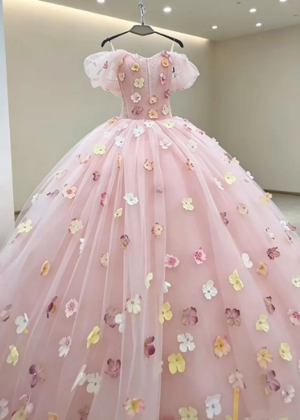 Floral Tulle Puffy Corset Prom Gown , Sweet Women's Maxi Birthday Dress Ball Gown RS2220