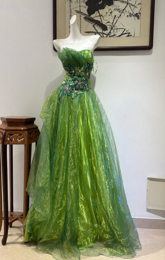 Tulle Glitter Applique Corset Prom Gown , Green Women's Maxi Cocktail Dress RS2222