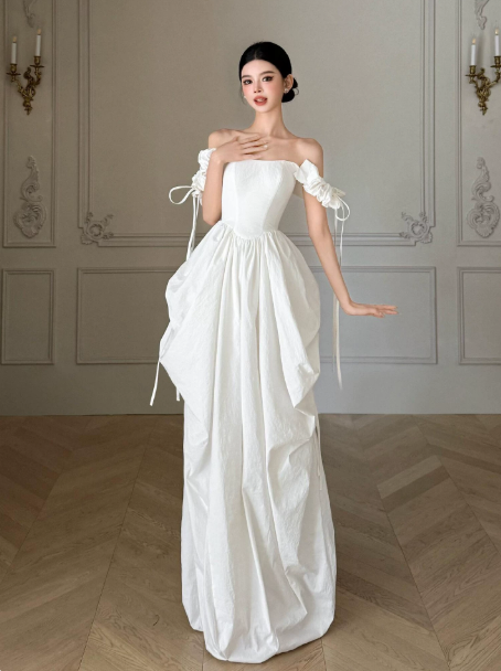 French Chic White A-Line Bow Sleeve Strap Bateau Corset Maxi Wedding Dress RS282
